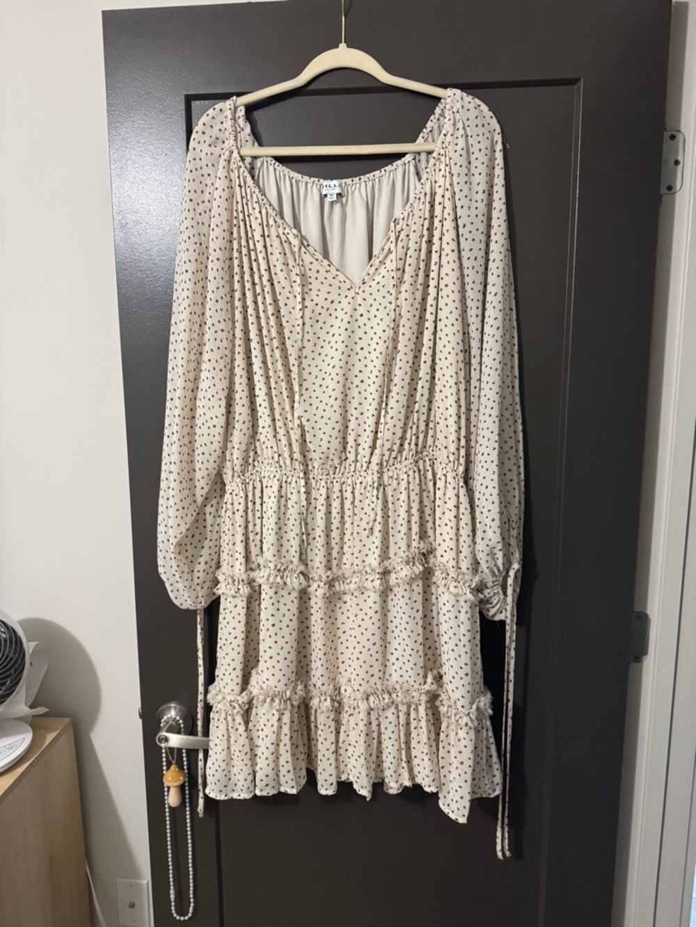 Cream Polka Dot Tiered Long-Sleeve plus size Dress